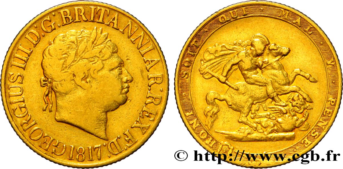 ROYAUME-UNI 1 Souverain Georges III tête laurée 1817 Londres TB 
