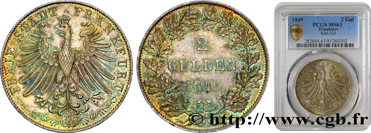 ALLEMAGNE - VILLE LIBRE DE FRANCFORT 2 Gulden 1849 Francfort SPL63 PCGS