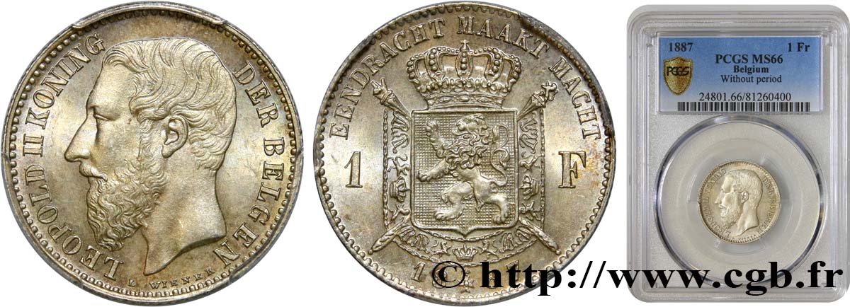 BELGIUM 1 Franc Léopold II légende flamande 1887  MS66 PCGS