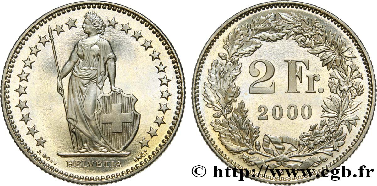 SWITZERLAND 2 Francs Proof Helvetia 2000 Berne - B MS 