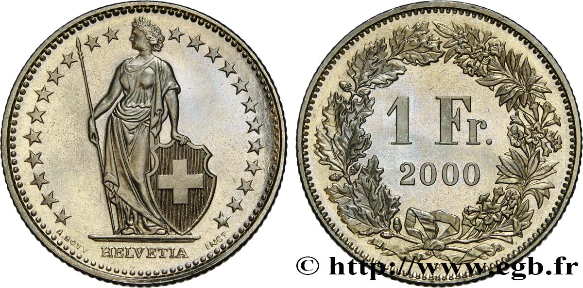 SWITZERLAND 1 Franc Proof Helvetia 2000 Berne - B MS 