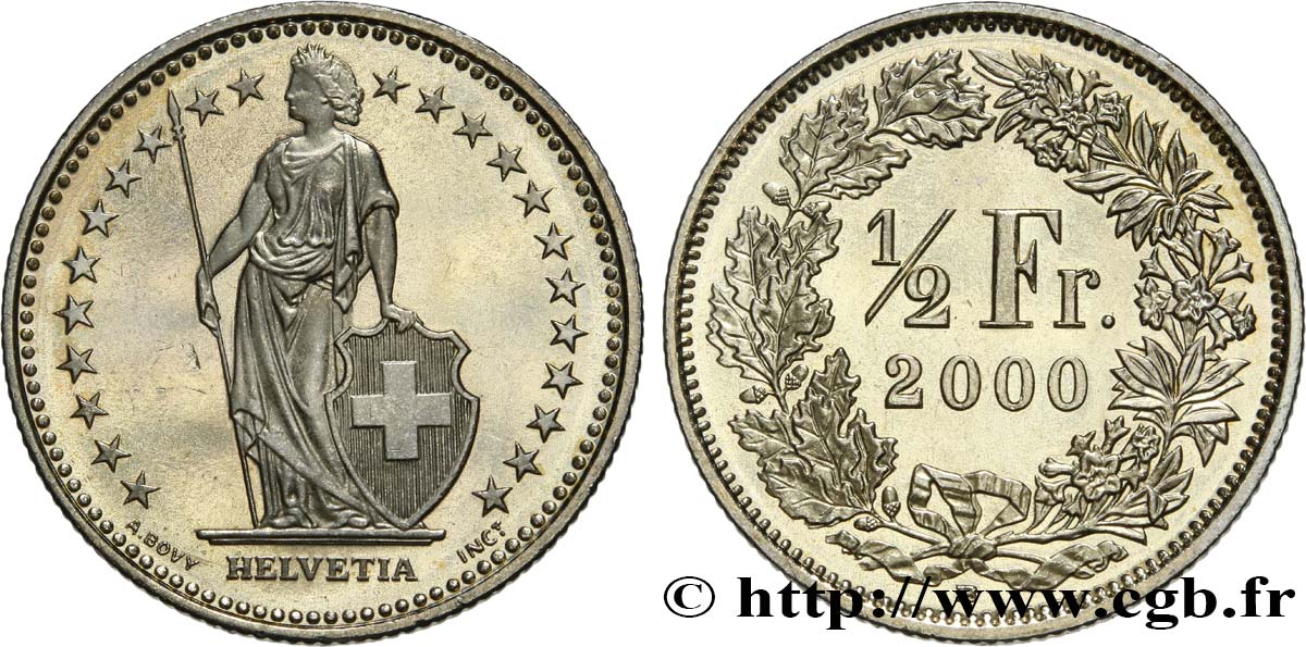SWITZERLAND 1/2 Franc Proof Helvetia 2000 Berne - B MS 
