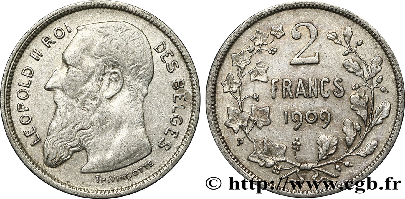 BELGIUM 2 Francs Léopold II légende française 1909  XF 