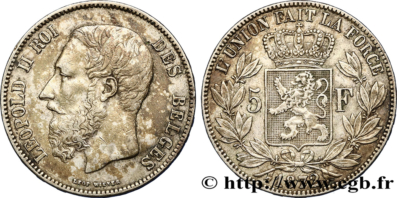BELGIUM 5 Francs Léopold II 1872  VF 