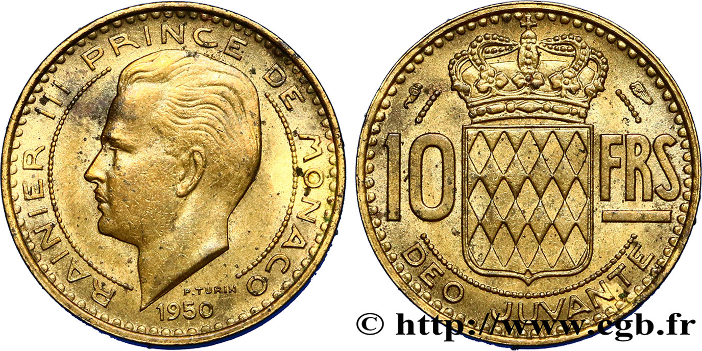 MONACO 10 Francs Rainier III 1950 Paris MBC+ 