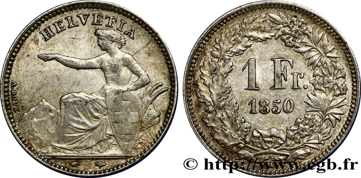 SWITZERLAND - HELVETIC CONFEDERATION 1 Franc Helvetia assise 1850 Paris AU 