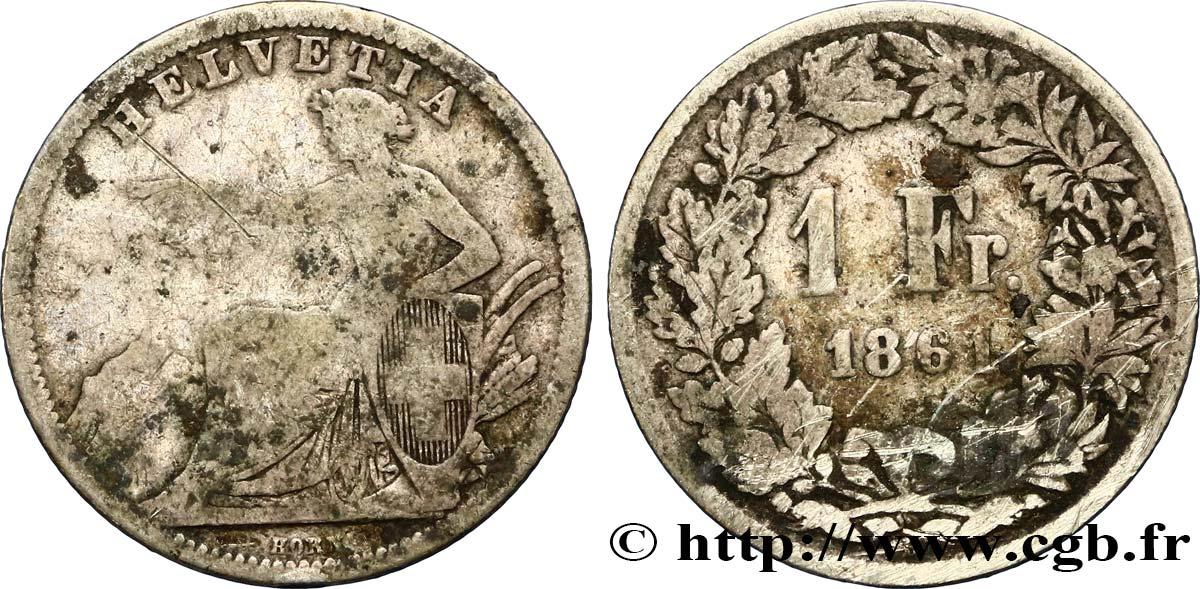 SUIZA 1 Franc Helvetia assise 1861 Berne RC+ 