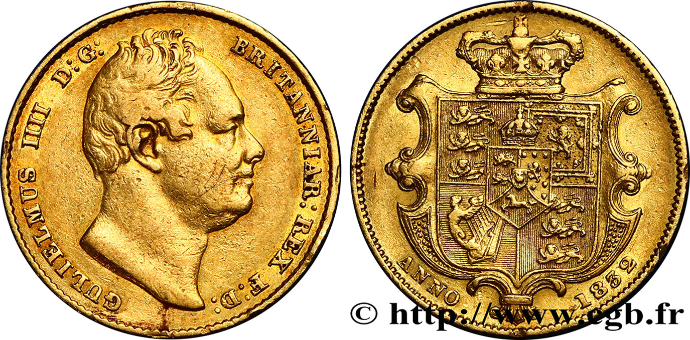 UNITED KINGDOM 1 Souverain Guillaume IIII tête nue 1832 Londres VF/XF 