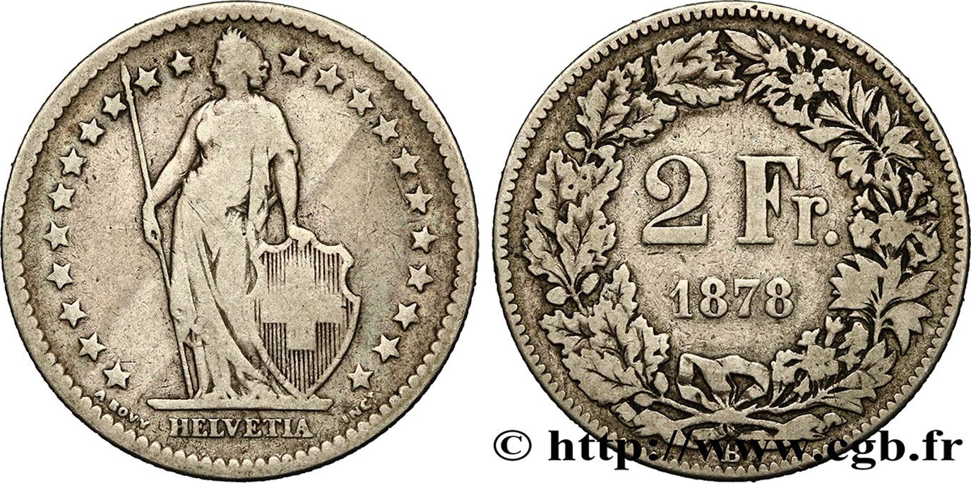SWITZERLAND 2 Francs Helvetia 1878 Berne VF 
