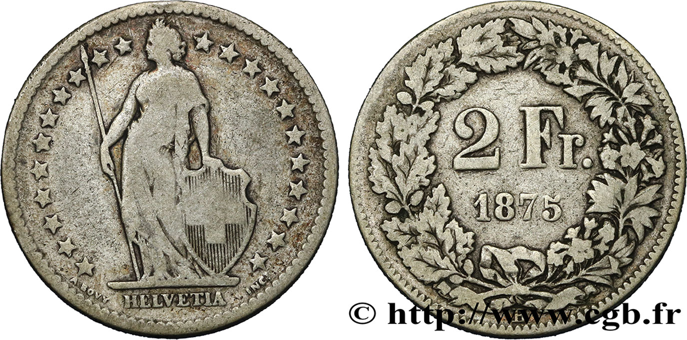 SUISSE 2 Francs Helvetia 1875 Berne TB+ 