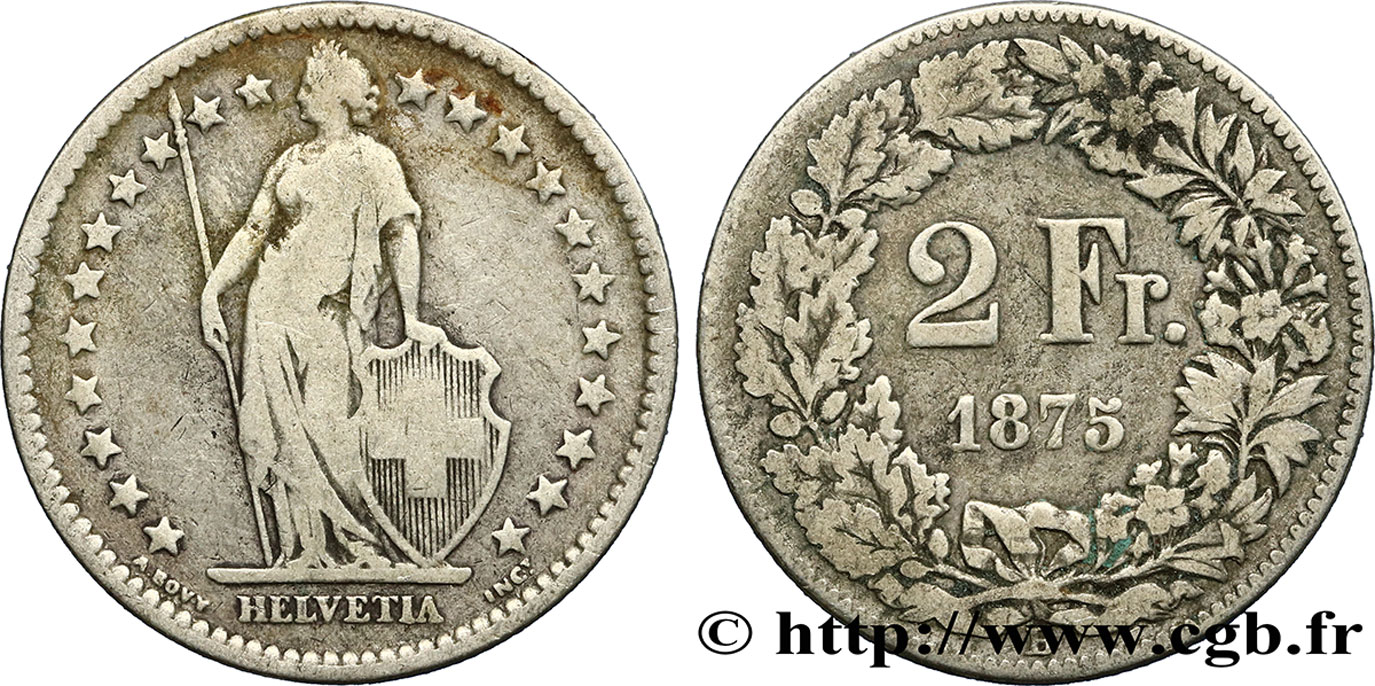 SVIZZERA  2 Francs Helvetia 1875 Berne q.BB 