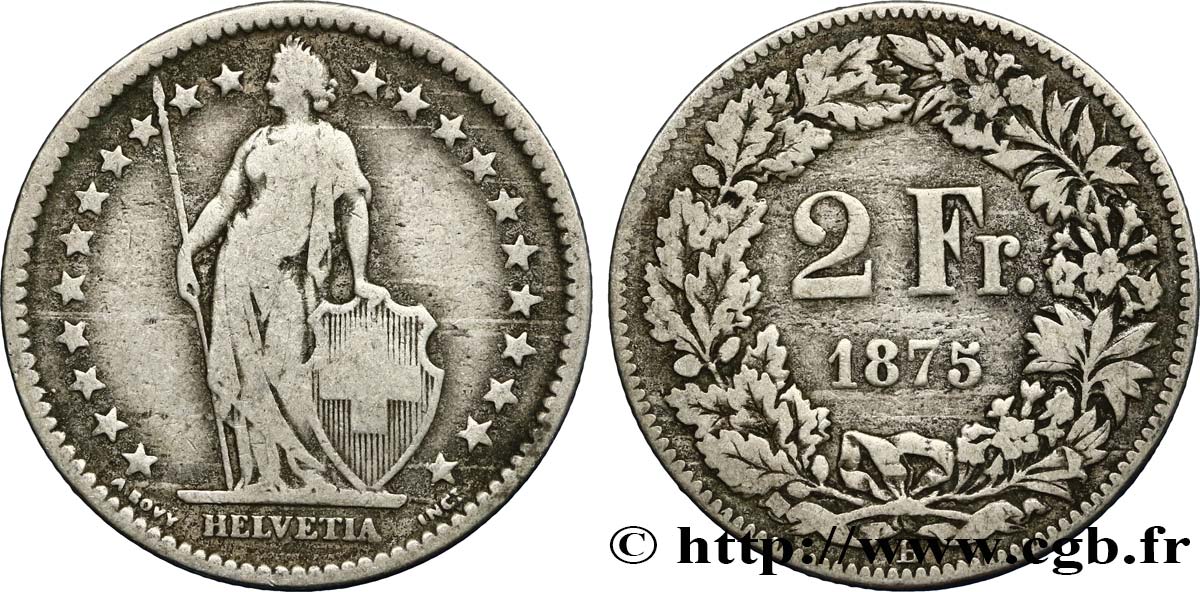 SUIZA 2 Francs Helvetia 1875 Berne BC+ 