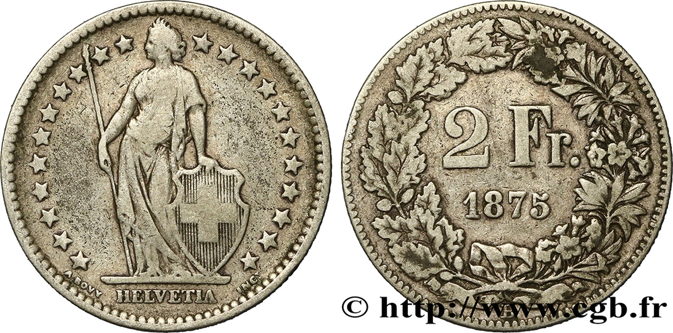 SWITZERLAND 2 Francs Helvetia 1875 Berne VF 