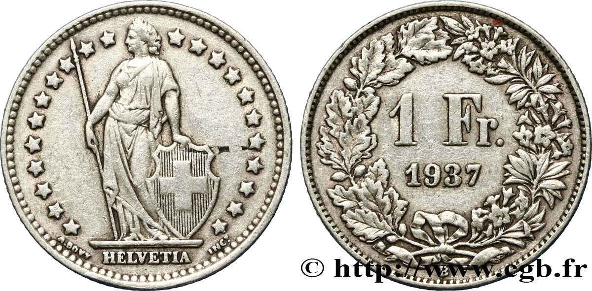 SUIZA 1 Franc Helvetia 1937 Berne - B MBC 