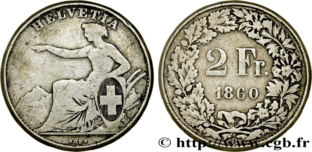 SWITZERLAND 2 Francs Helvetia 1860 Berne F 