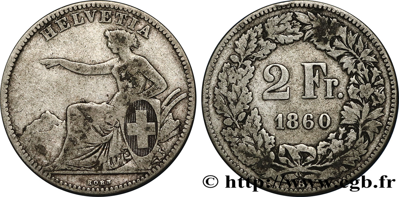 SCHWEIZ 2 Francs Helvetia 1860 Berne S 