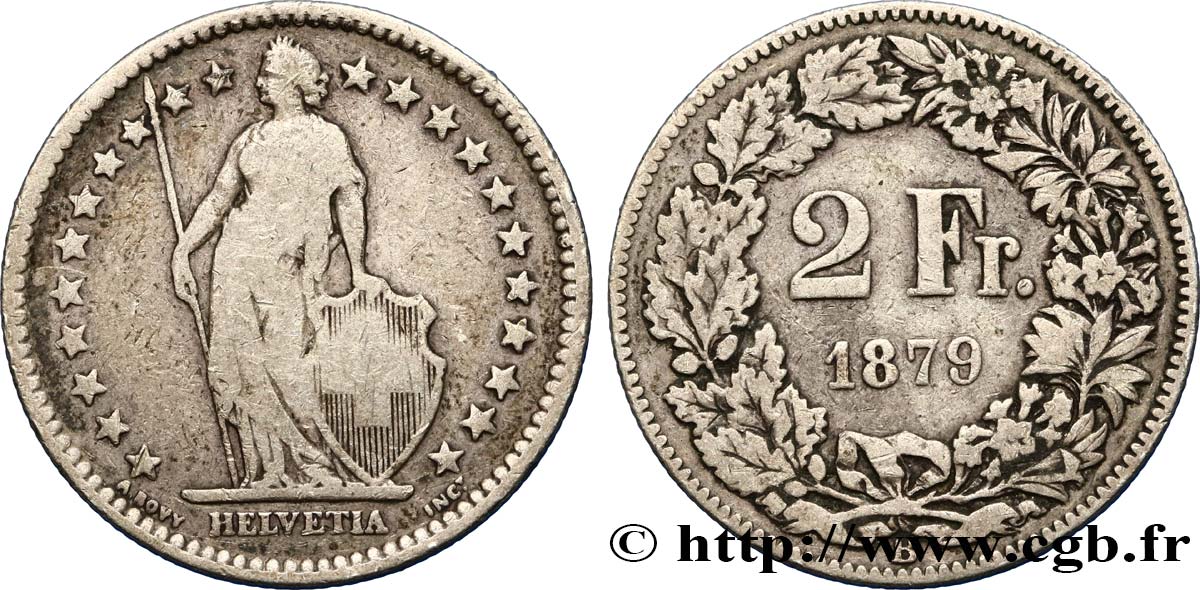SWITZERLAND 2 Francs Helvetia 1879 Berne VF 