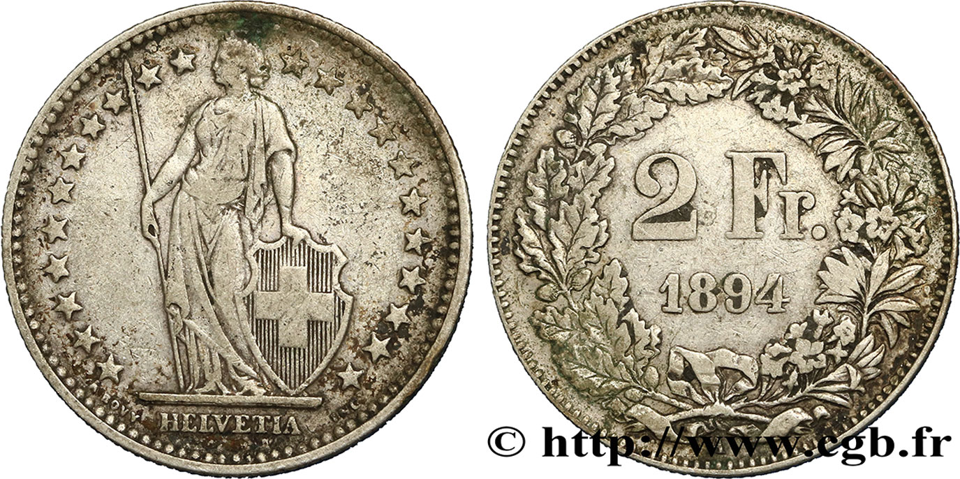 SUISSE 2 Francs Helvetia 1894 Berne TB+ 