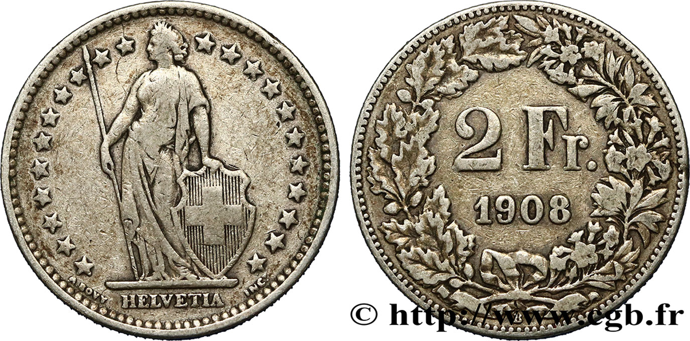 SWITZERLAND 2 Francs Helvetia 1908 Berne VF 