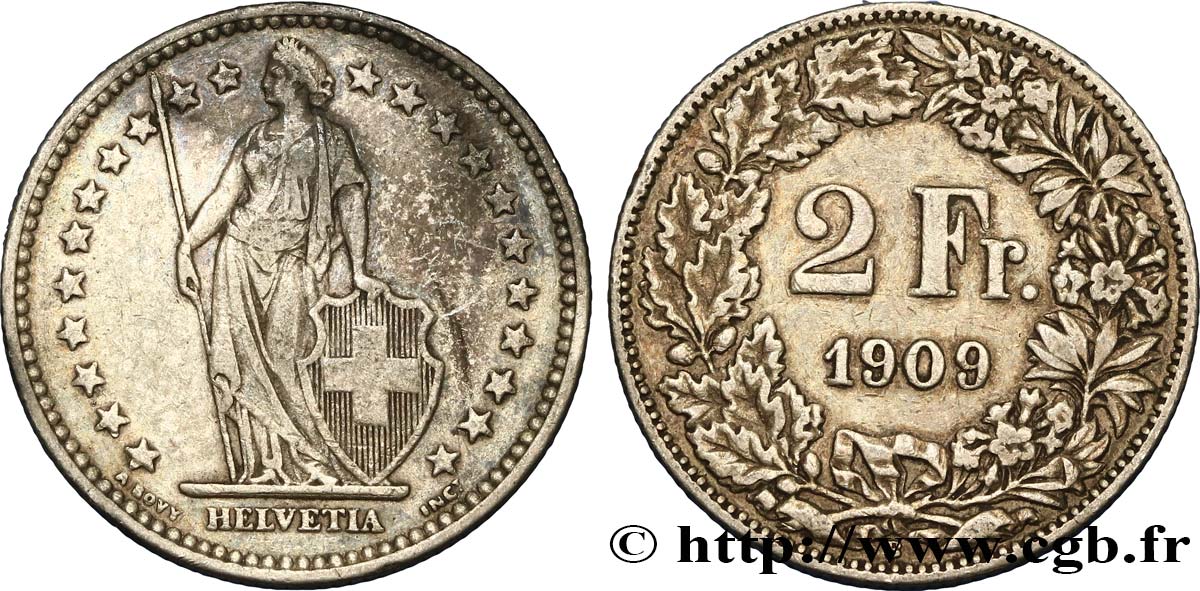 SUISSE 2 Francs Helvetia 1909 Berne TB+ 