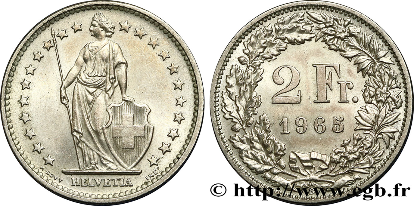 SUIZA 2 Francs Helvetia 1965 Berne EBC 