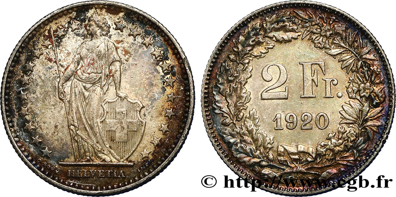 SWITZERLAND 2 Francs Helvetia 1920 Berne AU 