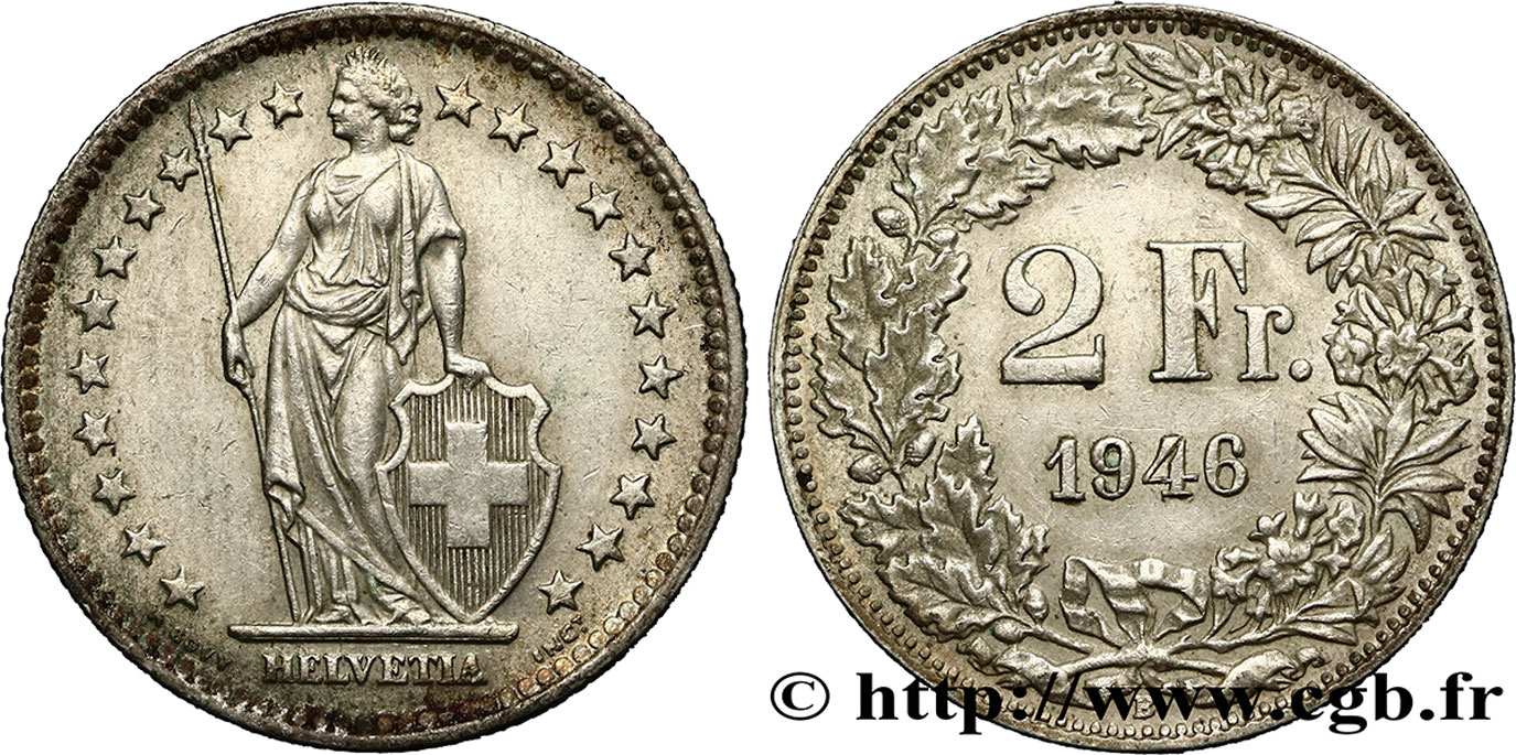 SUIZA 2 Francs Helvetia 1946 Berne MBC+ 