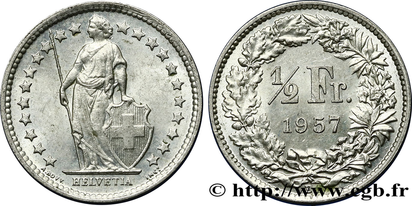 SUISSE 1/2 Franc Helvetia 1957 Berne SPL 