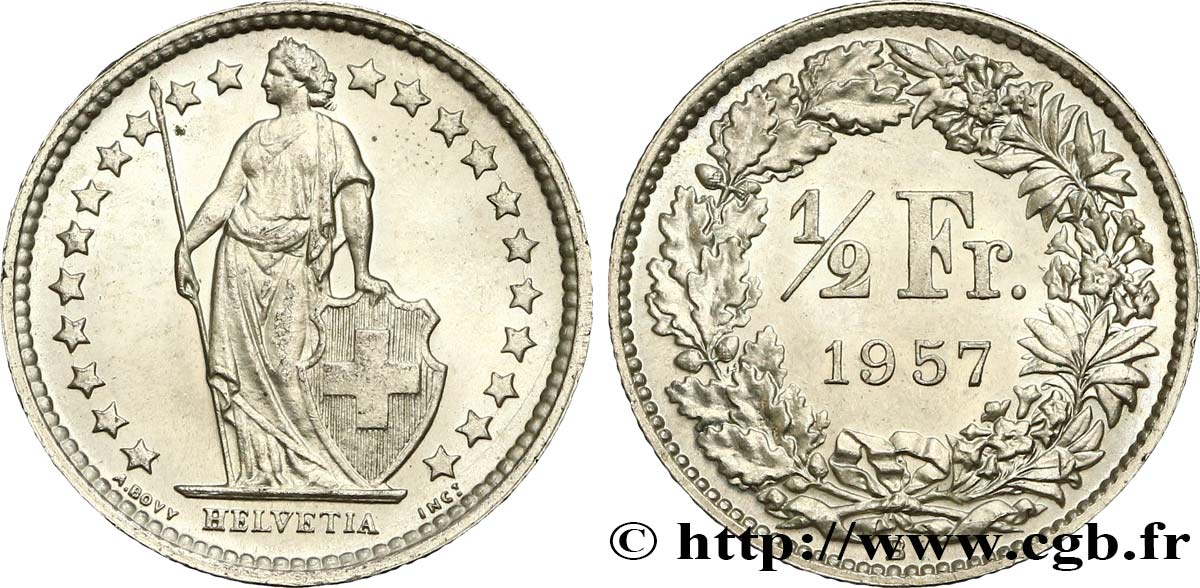 SWITZERLAND 1/2 Franc Helvetia 1957 Berne MS 