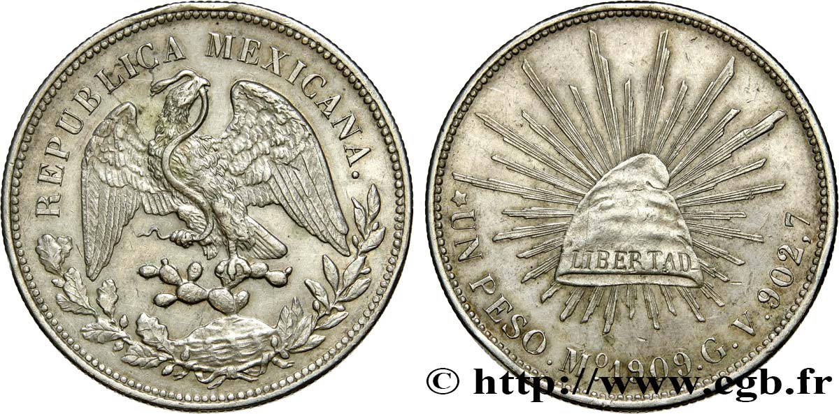 MEXICO 1 Peso aigle 1909 Mexico AU 