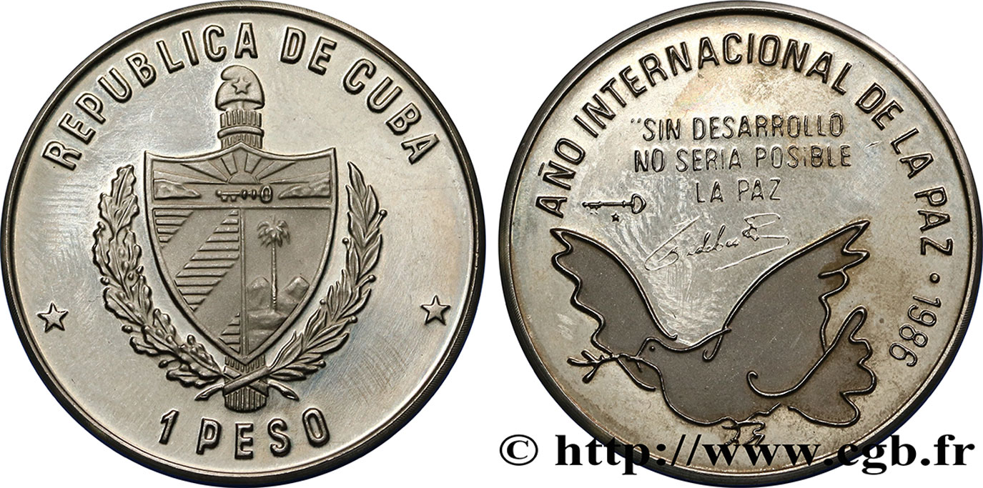 CUBA 1 Peso Proof armes / année internationale de la paix 1986  SPL 