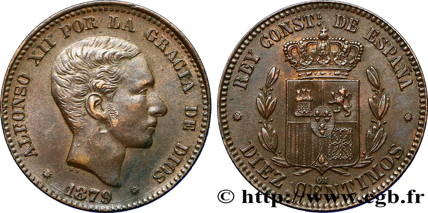 ESPAGNE 10 Centimos Alphonse XII 1879 Oeschger Mesdach & CO TTB/TTB+ 