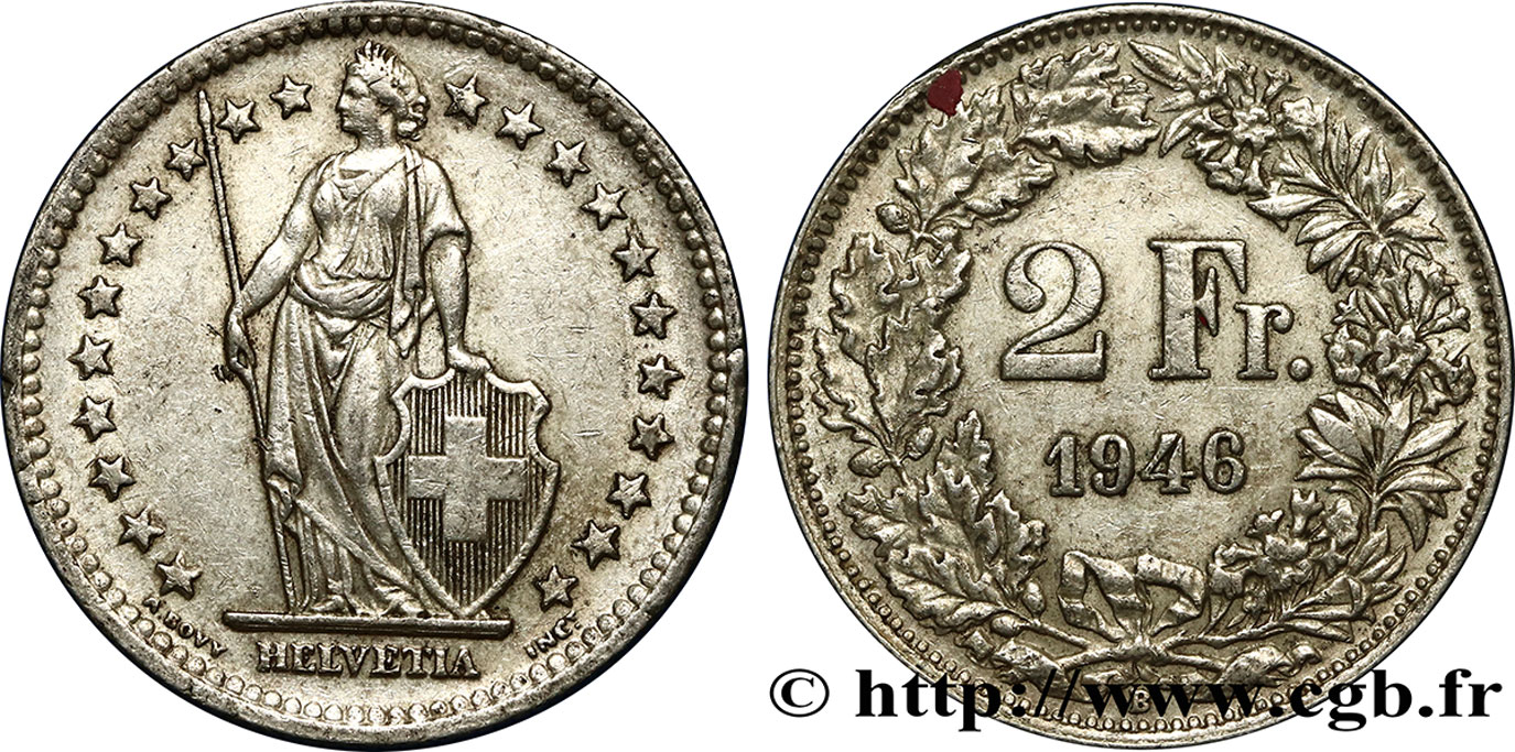 SUISSE 2 Francs Helvetia 1946 Berne TTB+ 