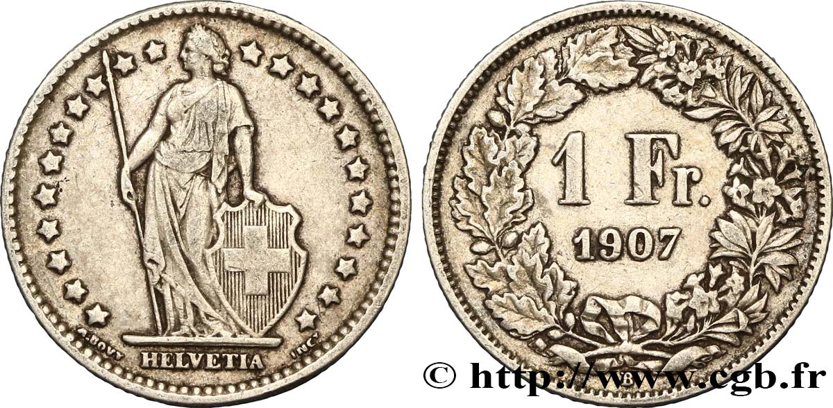 SUISSE 1 Franc Helvetia 1907 Berne - B TTB 
