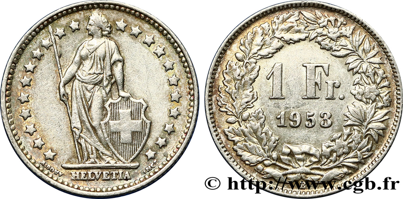SWITZERLAND 1 Franc Helvetia 1958 Berne AU 
