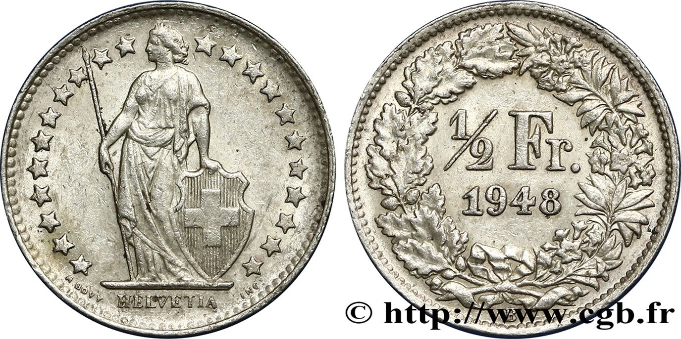 SUISSE 1/2 Franc Helvetia 1948 Berne SUP 