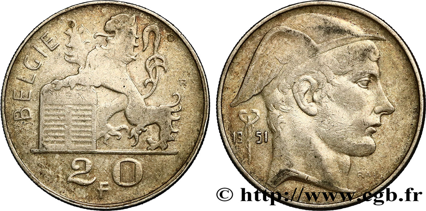 BELGIUM 20 Francs Mercure, légende flamande 1951  VF 
