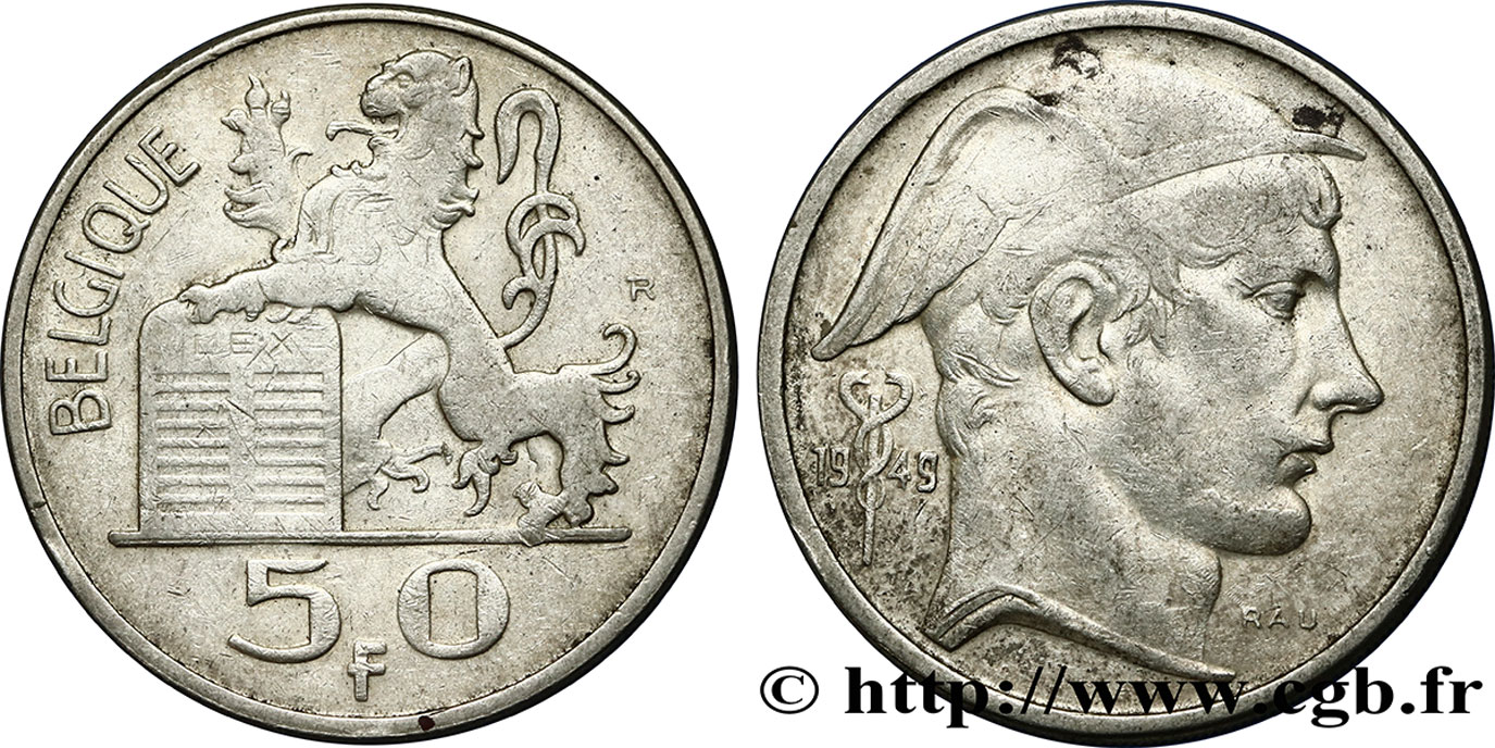BELGIQUE 50 Francs Mercure, légende française 1949  TTB 