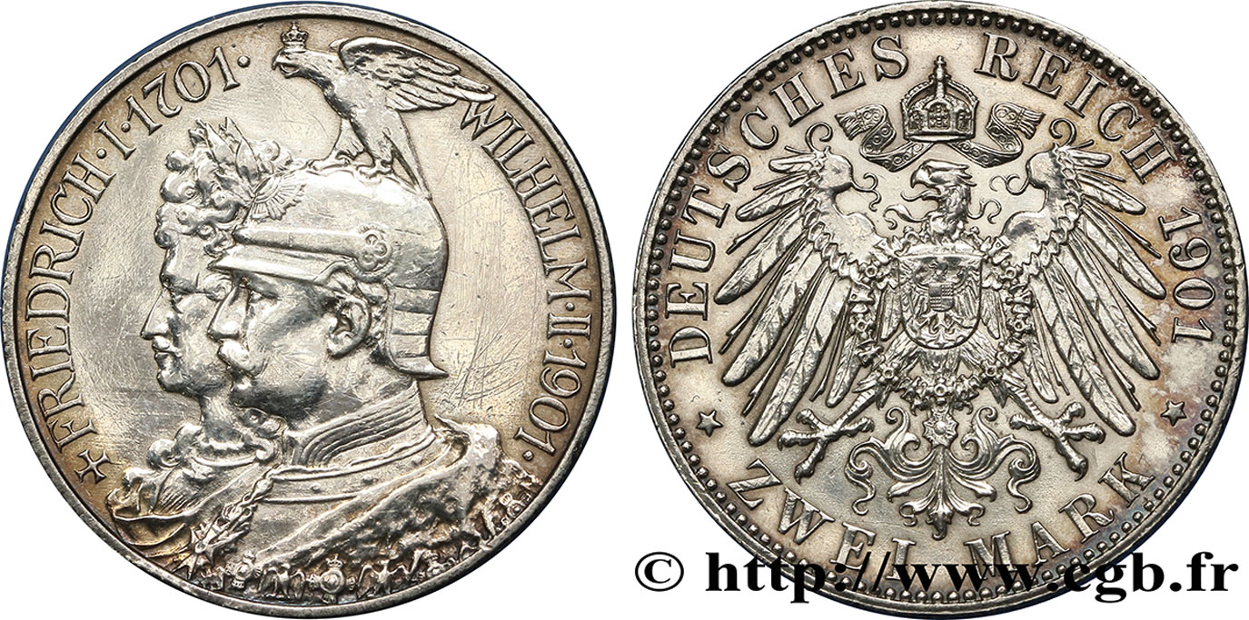 ALLEMAGNE - PRUSSE 2 Mark Guillaume II 200e anniversaire de la Prusse 1901 Berlin TTB+ 