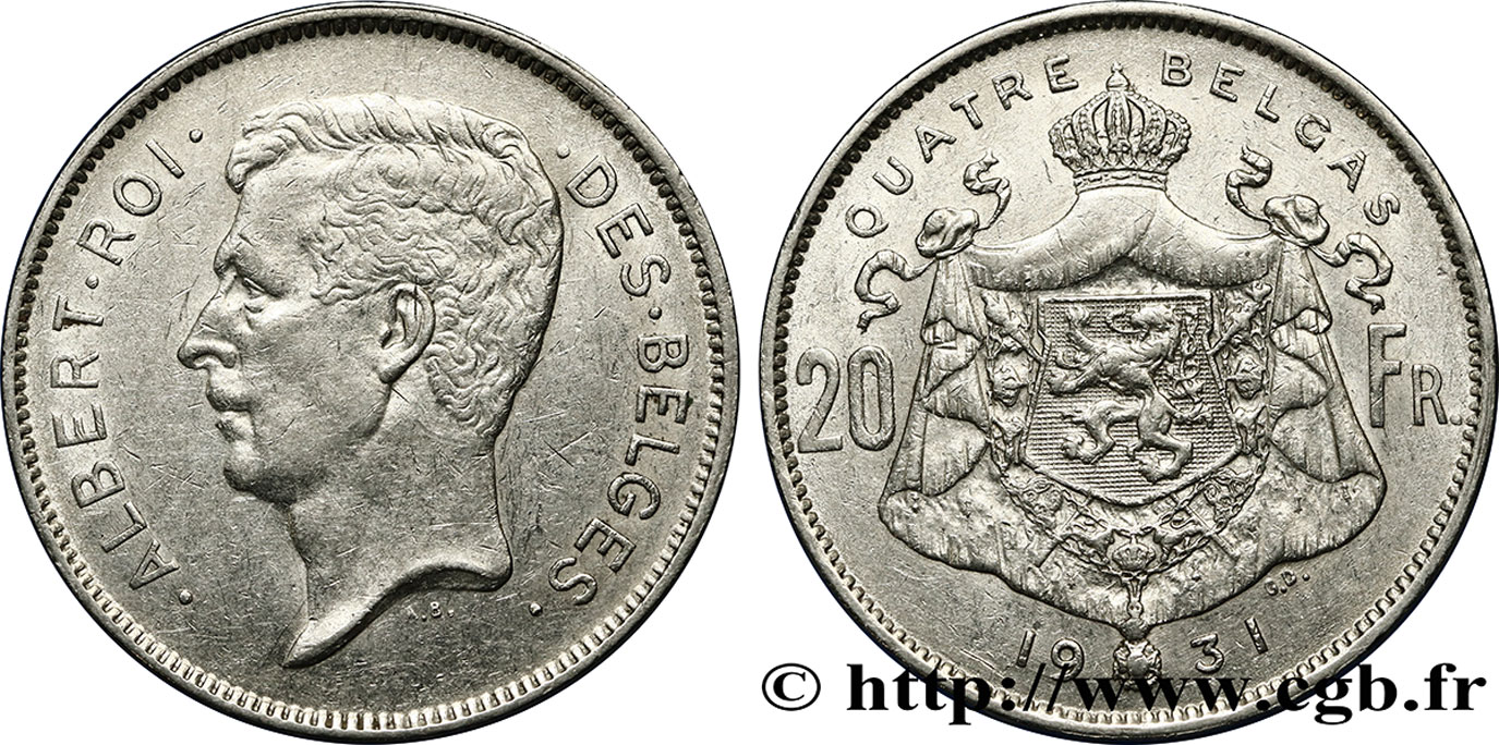 BELGIQUE 20 Francs - 4 Belga Albert Ier légende Flamande position B 1931  TTB 