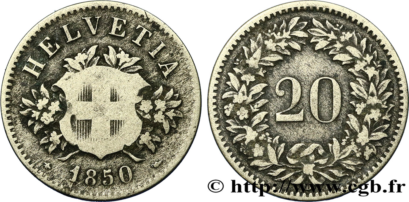 SVIZZERA  20 Centimes (Rappen) croix suisse 1850 Strasbourg - BB MB 