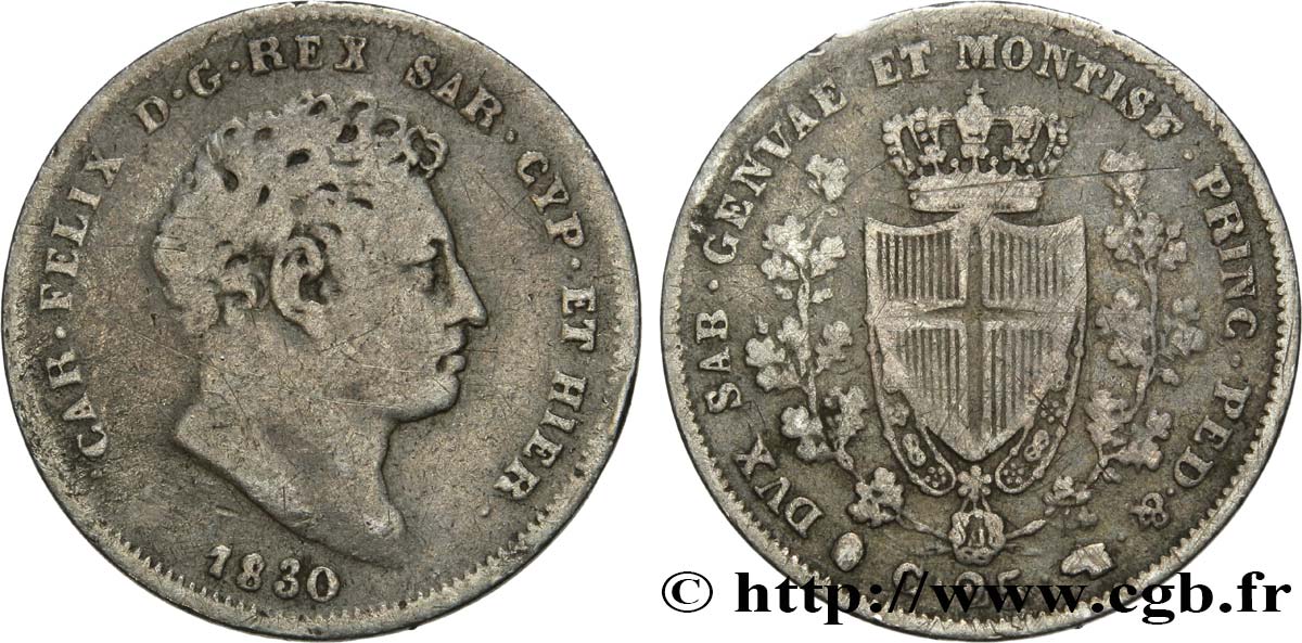 ITALIA - REGNO DE SARDINIA 25 Centesimi Charles-Félix 1830 Turin q.BB 