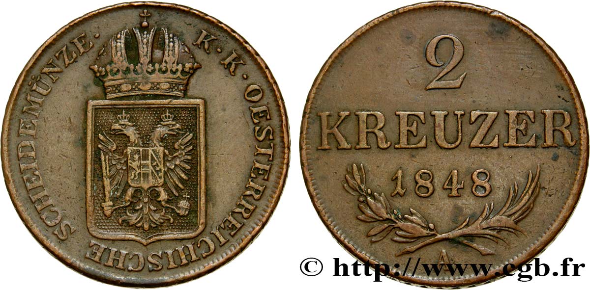 ÖSTERREICH 2 Kreuzer monnayage de la révolution de 1848-1849 1848 Vienne VZ 