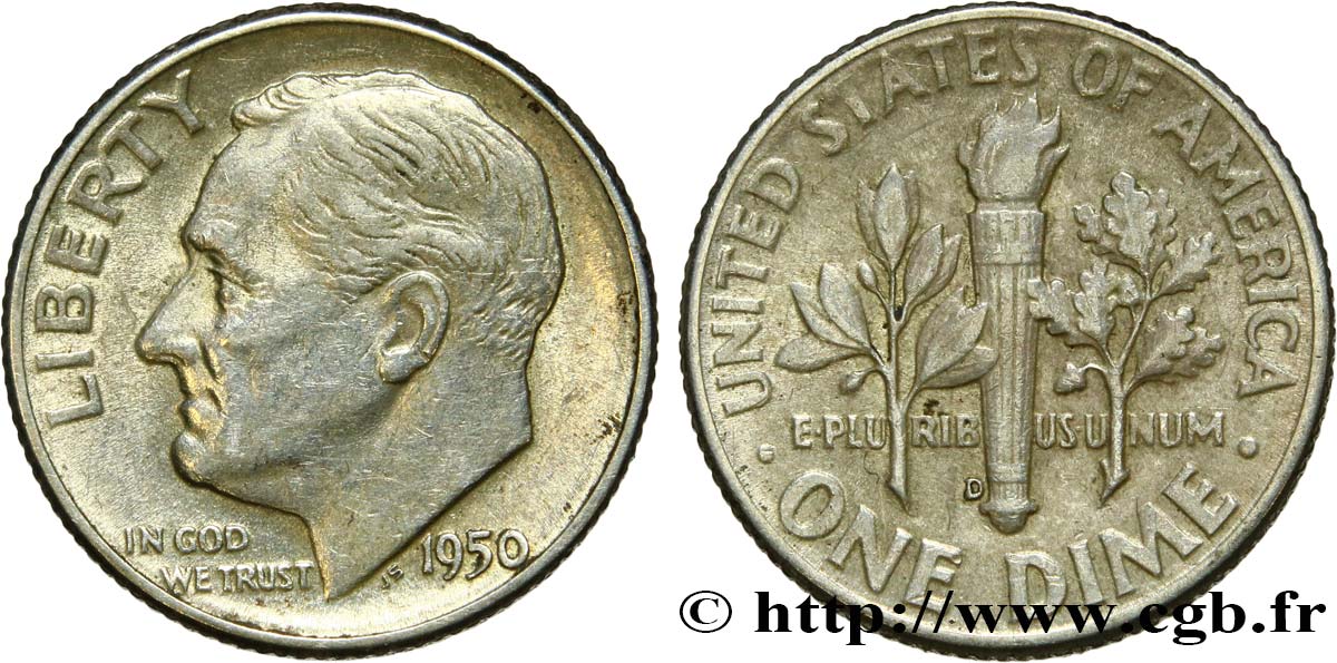 UNITED STATES OF AMERICA 1 Dime (10 Cents) Roosevelt 1950 Denver XF 