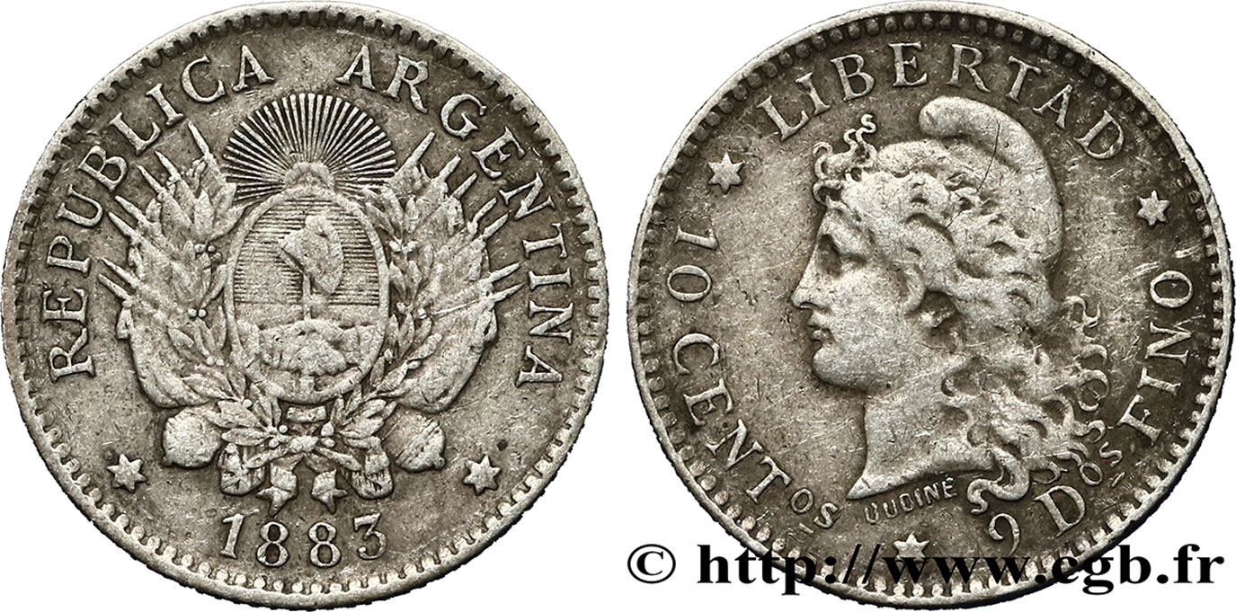 ARGENTINA 10 Centavos 1883  VF 