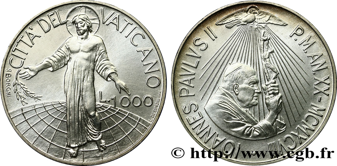 VATIKANSTAAT UND KIRCHENSTAAT 1000 Lire Jean-Paul II an XX 1998 Rome fST 