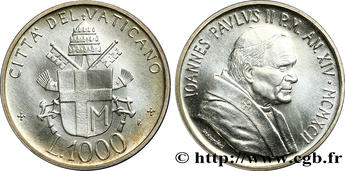 VATICAN AND PAPAL STATES 1000 Lire Jean-Paul II an XIV 1992 Rome MS 
