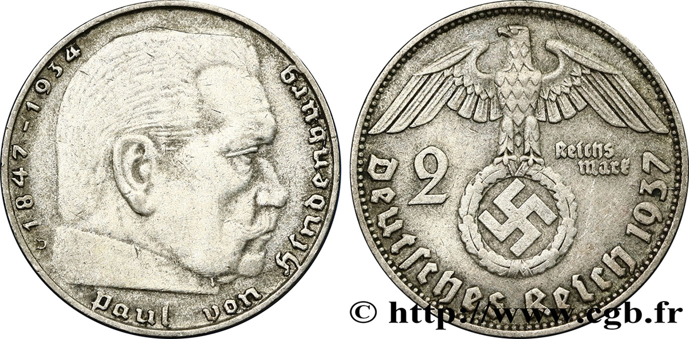 DEUTSCHLAND 2 Reichsmark aigle surmontant une swastika / Maréchal Paul von Hindenburg 1937 Munich  fSS 