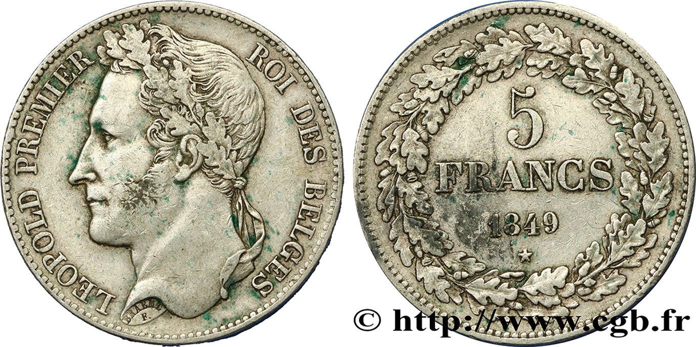 BELGIQUE 5 Francs Léopold Ier tête laurée 1849  TB+ 