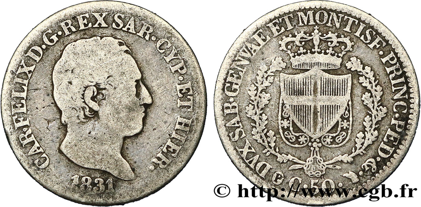 ITALIEN - KÖNIGREICH SARDINIEN 50 Centesimi Charles Félix 1831 Turin S 